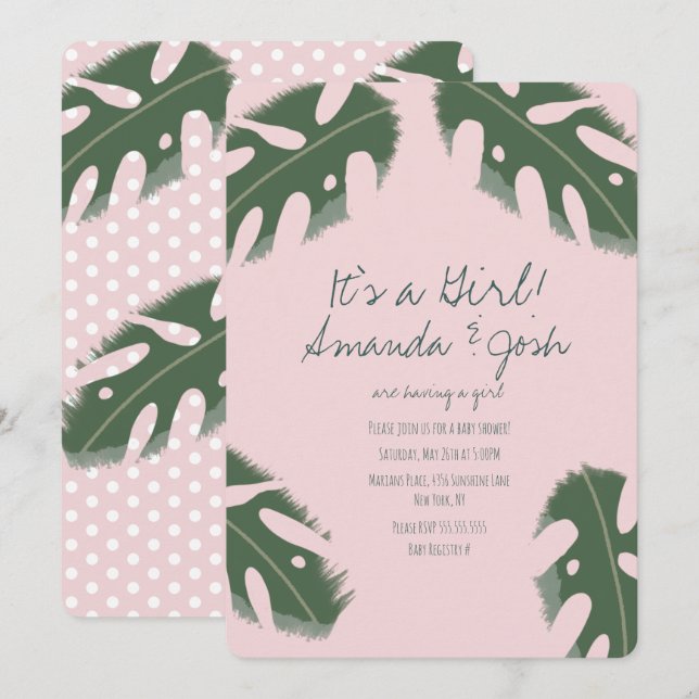 Convite Chuva de Bebê Meninas Tropicais Monstera Rosa (Frente/Verso)