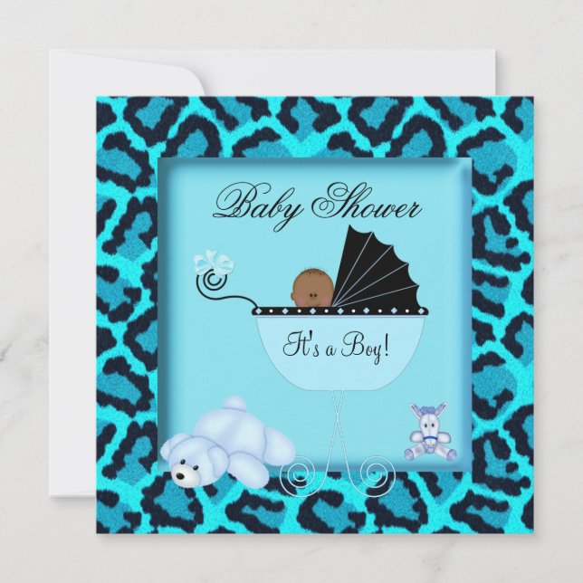 Convite Chuva de Bebê Menino Afro-Americano Estampa Animal (Frente)
