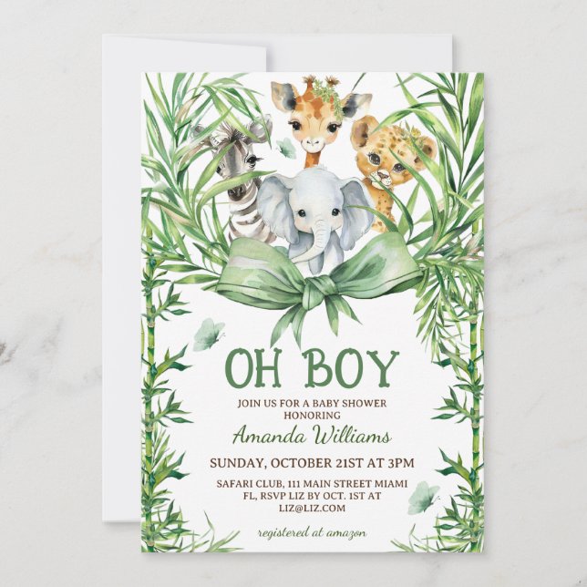 Convite Chuva de Bebê Menino Animais Fofos da Savana (Frente)
