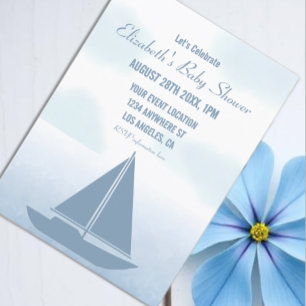 Convite Chuva de Bebê Menino Aquarela Azul Barco à Vela