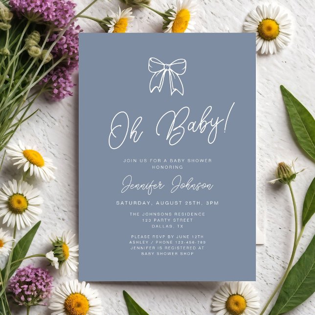 Convite Chuva de Bebê Menino Arco Coquete Dusty Blue (Dusty Blue Coquette Bow Boy Oh Baby Shower Invitation)