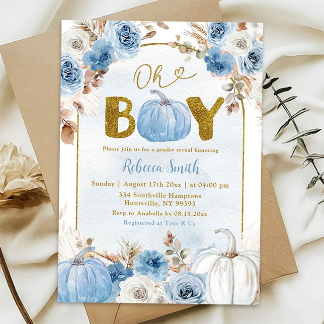 Convite Chuva de Bebê Menino Azul Boho Dourado Abóbora Out (Criador carregado)