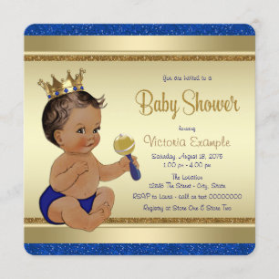 Convite Chuva de Bebê Menino Azul Dourado Étnico Príncipe