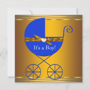 Convite Chuva de Bebê Menino Azul e Dourado Carruagem