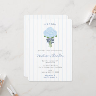 Convite Chuva de Bebê Menino Azul Hidrângias Préppy Modern