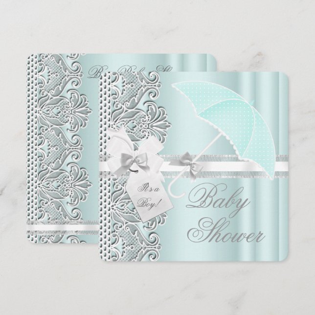 Convite Chuva de Bebê Menino Azul Mint Cinza Branco Renda (Frente/Verso)