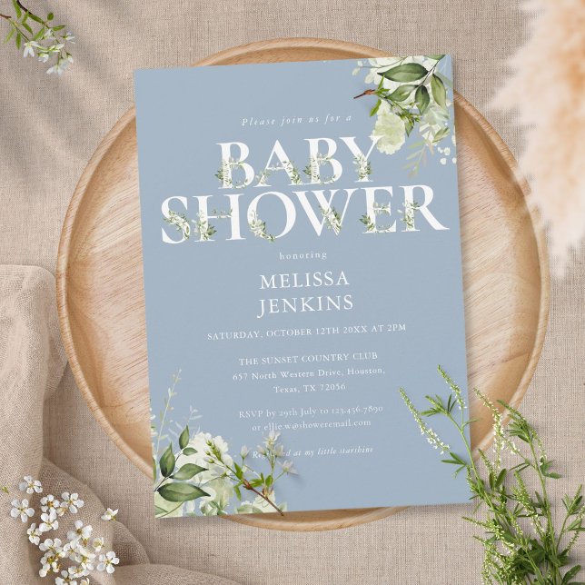 Convite Chuva de Bebê Menino Azul Poeira Folhagem (Criador carregado)