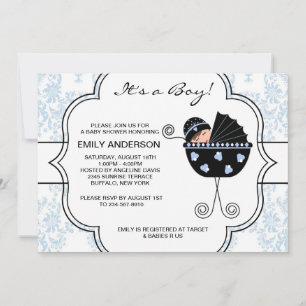 Convite Chuva de Bebê Menino Azul Preto Damask Elegante