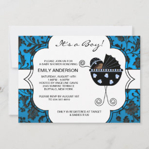 Convite Chuva de Bebê Menino Azul Preto Damask Elegante