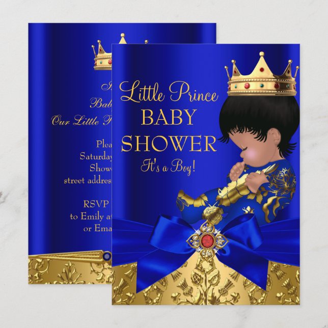 Convite Chuva de Bebê Menino Azul Real Afro-Americano (Frente/Verso)