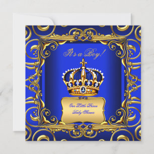 Convite Chuva de Bebê Menino Azul Real Damasco Coroa Doura