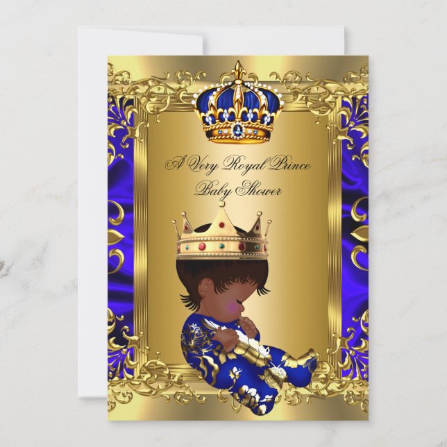 Convite Chuva de Bebê Menino Azul Real Príncipe Dourado 2 (Frente)