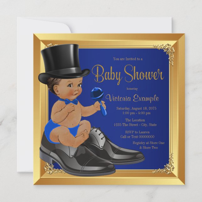 Convite Chuva de Bebê Menino Azul Royal Étnico (Frente)