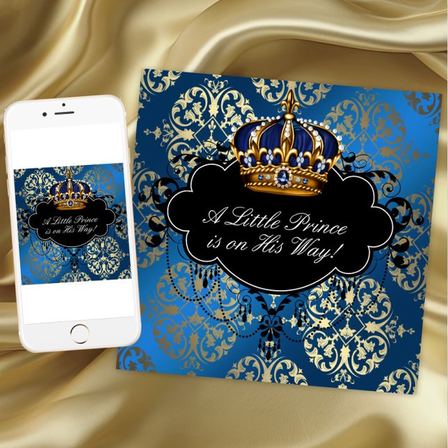 Convite Chuva de Bebê Menino Azul Royal Navy Dourado Prínc (Blue gold prince baby shower invitation. Add your text to front and back. Download and printed.)