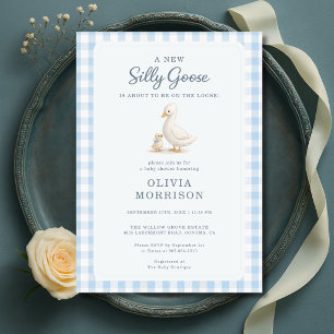 Convite Chuva de Bebê Menino Azul Silly Goose Xadrez