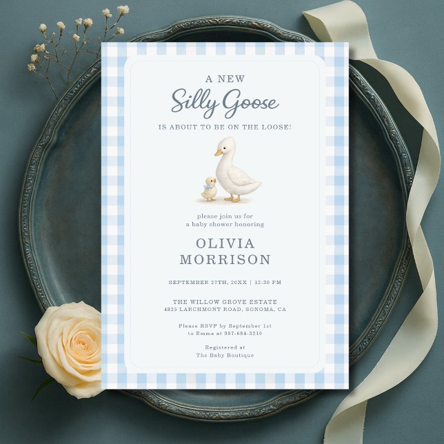 Convite Chuva de Bebê Menino Azul Silly Goose Xadrez (Criador carregado)
