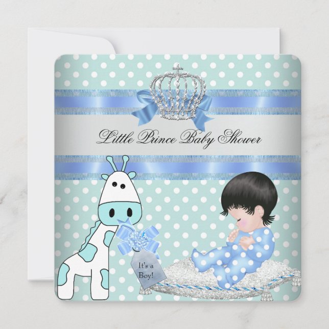 Convite Chuva de Bebê Menino Azul Turquesa Coroa Girafa (Frente)