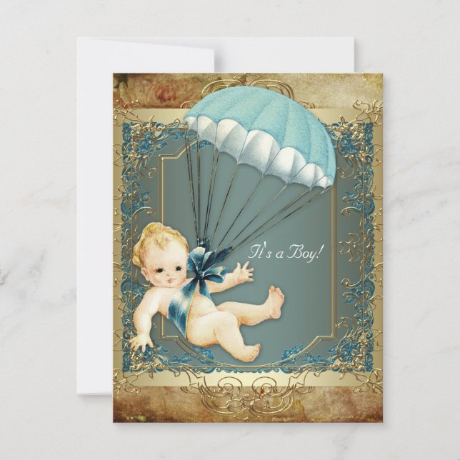Convite Chuva de Bebê Menino Azul Turquesa e Dourado Vinta (Frente)
