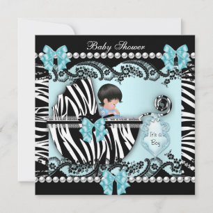 Convite Chuva de Bebê Menino Azul Zebra Renda Fofa