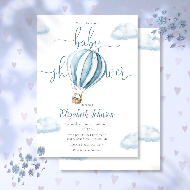 Convite Chuva de Bebê Menino Balão Azul de Ar Quente (Blue Hot Air Balloon Boy Baby Shower Invitation)