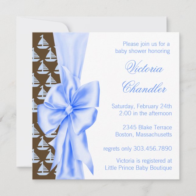 Convite Chuva de Bebê Menino Barco à Vela Azul Elegante (Frente)