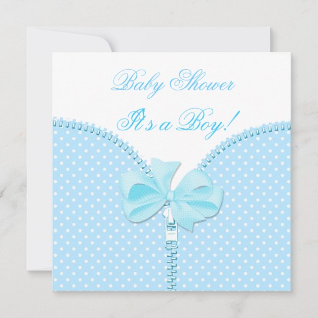 Convite Chuva de Bebê Menino Bebê Azul Branco Pontos Polka (Frente)