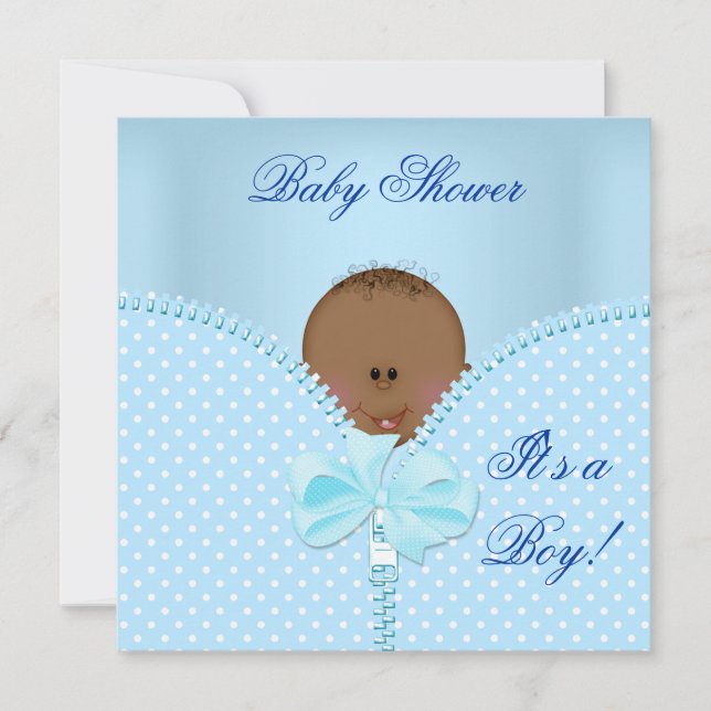 Convite Chuva de Bebê Menino Bebê Azul Branco Pontos Polka (Frente)