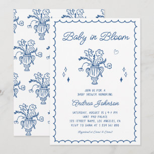 Convite Chuva de Bebê Menino Bebê em Floral Azul Desenhado