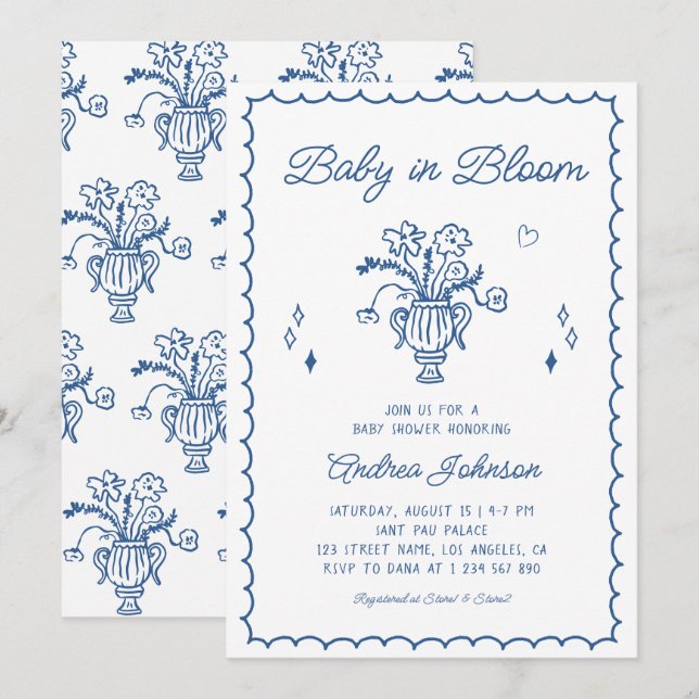 Convite Chuva de Bebê Menino Bebê em Floral Azul Desenhado (Frente/Verso)