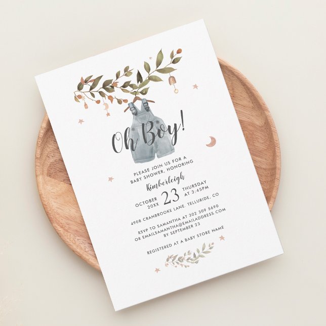 Convite Chuva de Bebê Menino Boho Aquarela Botânica (Oh Boy Boho Baby Shower Invitation)