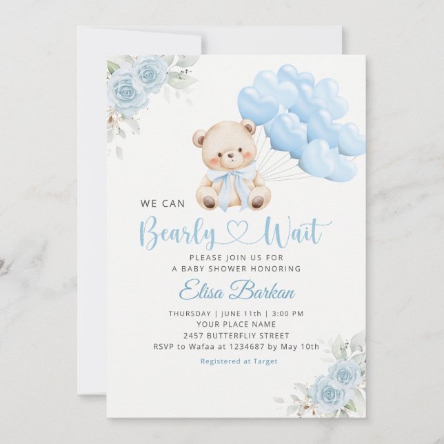 Convite Chuva de Bebê Menino Boho Urso de Pelúcia Mal Pode (Frente)