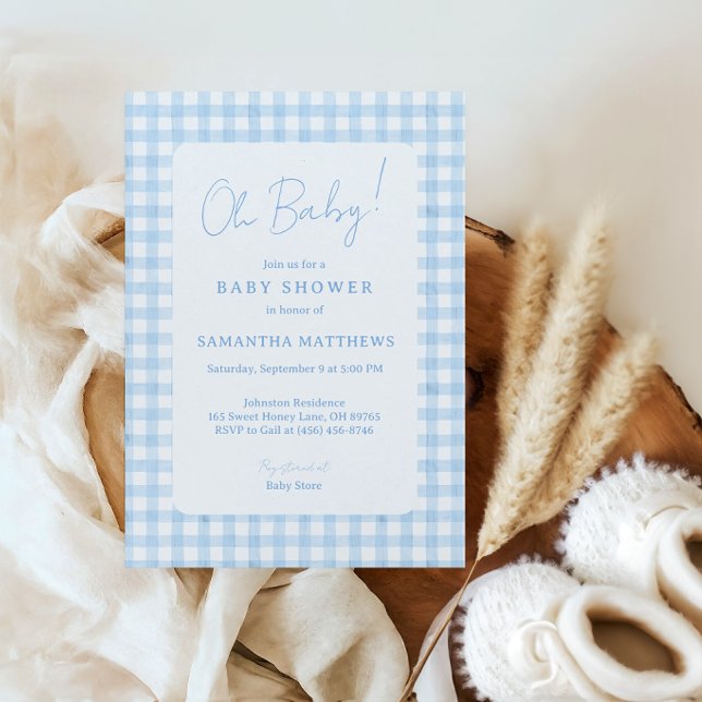 Convite Chuva de Bebê Menino Boho Xadrez Azul Aquarela (Oh Baby Boho Blue Gingham Boy Baby Shower Invitation)