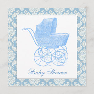 Convite Chuva de Bebê Menino Carruagem Azul Vintage