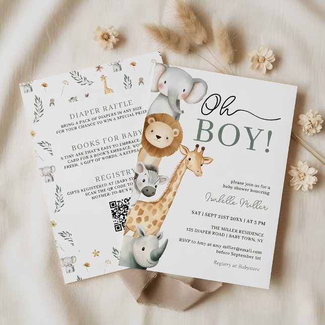 Convite Chuva de Bebê Menino Com Animais Fofos da Savana (Oh Boy Cute Safari Animal All in One Baby Shower Invitation)