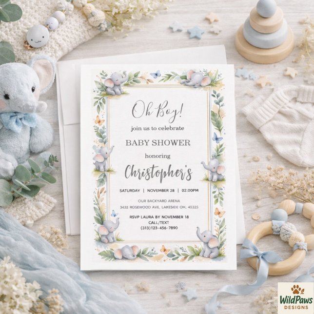 Convite Chuva de Bebê Menino com Elefante em Aquarela - Sa (Boy’s Elephant Watercolor Baby Shower –Blue Safari Invitation
)