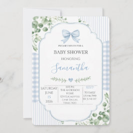 Convite Chuva de Bebê Menino com Laço Azul e Gingham