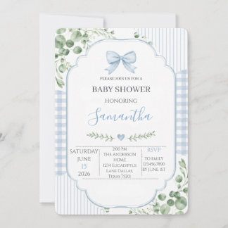 Convite Chuva de Bebê Menino com Laço Azul e Gingham