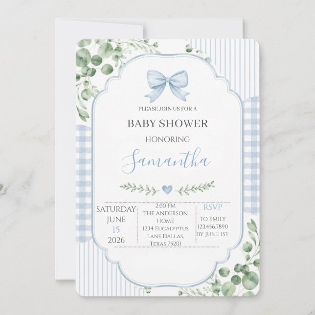 Convite Chuva de Bebê Menino com Laço Azul e Gingham (Frente)