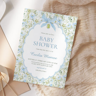 Convite Chuva de Bebê Menino com Laço Azul Floral Vintage