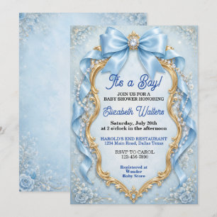 Convite Chuva de Bebê Menino com Laço Azul Pastel Elegante