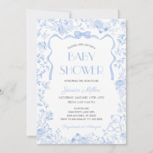 Convite Chuva de Bebê Menino com Laço Azul Toile De Jouy