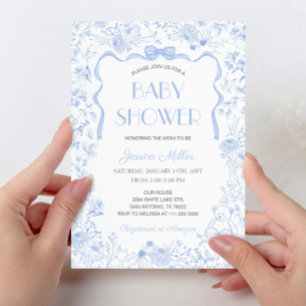 Convite Chuva de Bebê Menino com Laço Azul Toile De Jouy