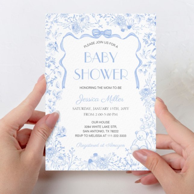 Convite Chuva de Bebê Menino com Laço Azul Toile De Jouy (Criador carregado)