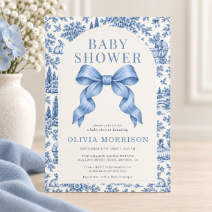 Convite Chuva de Bebê Menino com Laço Azul Toile Francês