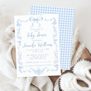 Convite Chuva de Bebê Menino com Laço Azul Toile Xadrez Vi