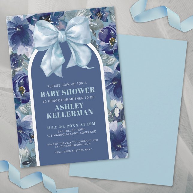 Convite Chuva de Bebê Menino com Laço Floral Azul (Blue Floral Boy Baby Shower Invitation)