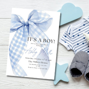 Convite Chuva de Bebê Menino com Laço Gingham Azul É um Me