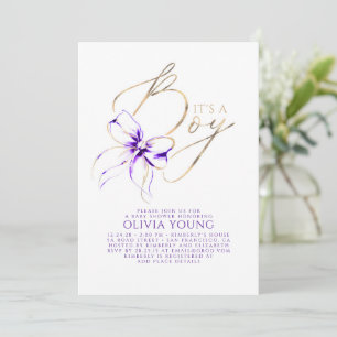 Convite Chuva de Bebê Menino com Laço Roxo e Dourado Elega