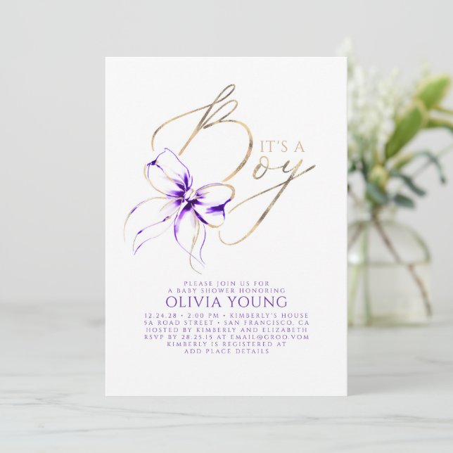 Convite Chuva de Bebê Menino com Laço Roxo e Dourado Elega (Em pé/Frente)