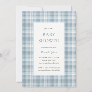 Convite Chuva de bebê menino com padrão xadrez azul clássi